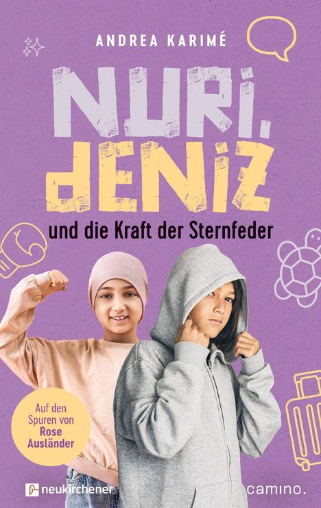 "Nuri, Deniz und die Kraft der Sternfeder" von Andrea Karimé. Zwei Kinder in lässiger Kleidung vor lila Hintergrund.