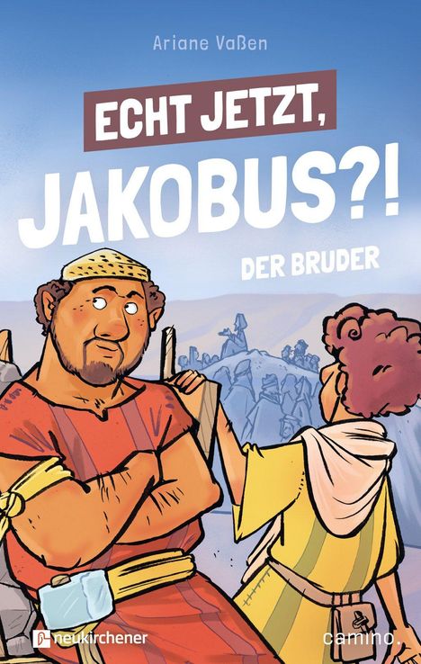 Text: "Echt jetzt, Jakobus?! Der Bruder". Zwei gezeichnete Männer, einer schaut überrascht, der andere spricht.