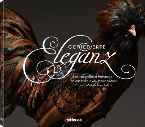 „Gefiederte Eleganz“ in stilvoller Schrift, Huhn mit prächtig schimmerndem Gefieder.