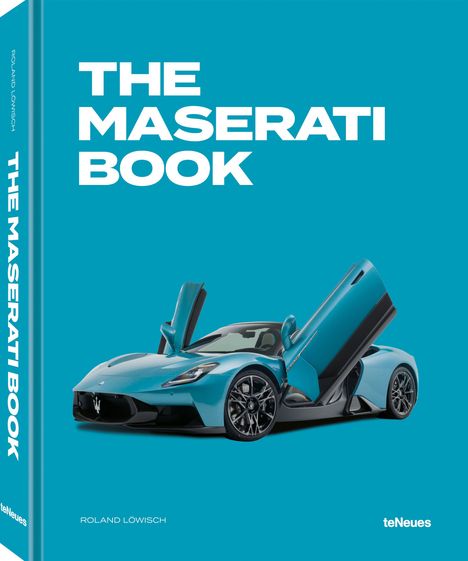 "THE MASERATI BOOK," Autor Roland Löwisch. Abgebildet ist ein blauer Sportwagen mit geöffneten Flügeltüren.