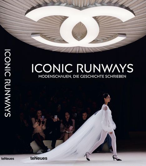 Text: "ICONIC RUNWAYS, MODENSCHAUEN, DIE GESCHICHTE SCHRIEBEN." Frau in weißem Kleid läuft auf einem Laufsteg. Logo oben.