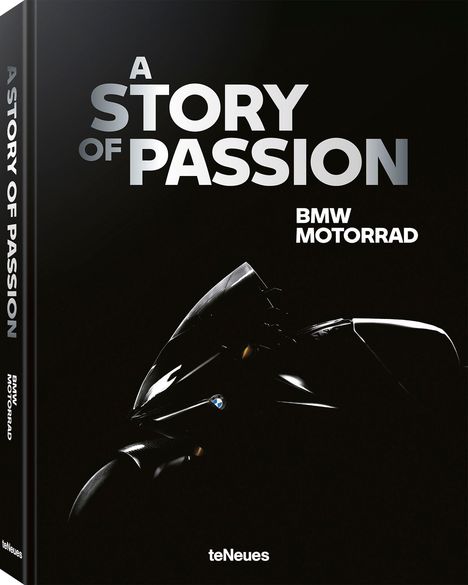 Text: "A Story of Passion" und "BMW Motorrad". Schwarzer Hintergrund mit stilisiertem Motorrad in dunklem Licht.