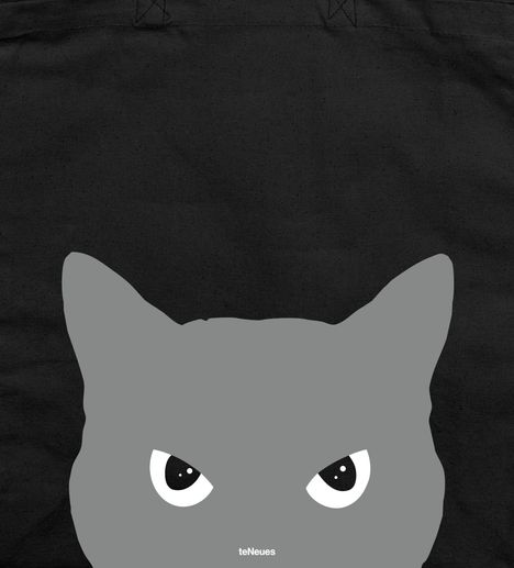 „teNeues“ unten. Illustration eines grauen Katzenkopfs mit großen, ausdrucksstarken Augen auf schwarzem Hintergrund.
