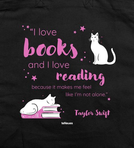 Zitat über Bücher und Lesen in rosa Schrift. Weiße Katzenillustrationen mit Sternen und Büchern.