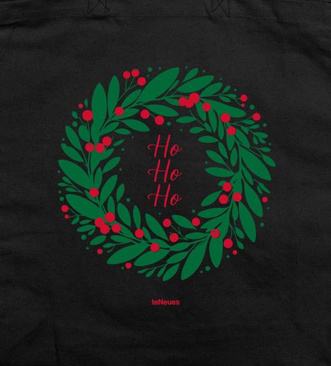 Text: "Ho Ho Ho." Illustration eines grünen Kranzes mit roten Beeren auf schwarzem Hintergrund. Darunter "teNeues".