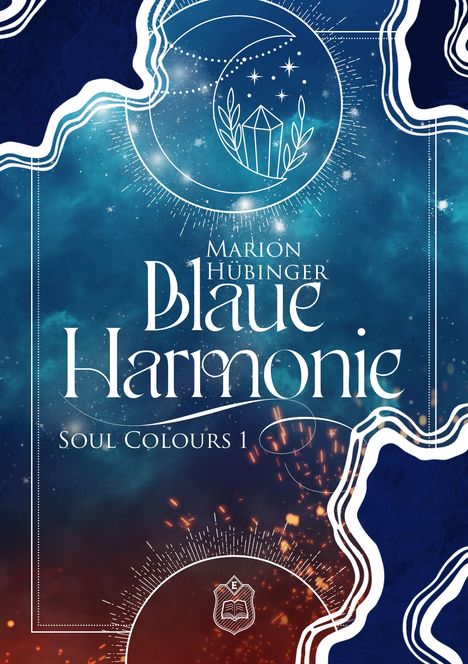 "Marion Hübinger, Blaue Harmonie, Soul Colours 1." Illustration: Nachtblauer Himmel, Mond, Kristall, leuchtende Linien.