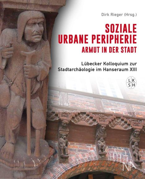 "SOZIALE URBANE PERIPHERIE - ARMUT IN DER STADT" auf rotem Hintergrund. Skulptur eines Mannes mit Stock vor Backsteingebäude.