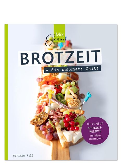 "BROTZEIT = die schönste Zeit!" steht prominent. Darunter eine reich dekorierte Brotzeitplatte. Farbig und einladend.