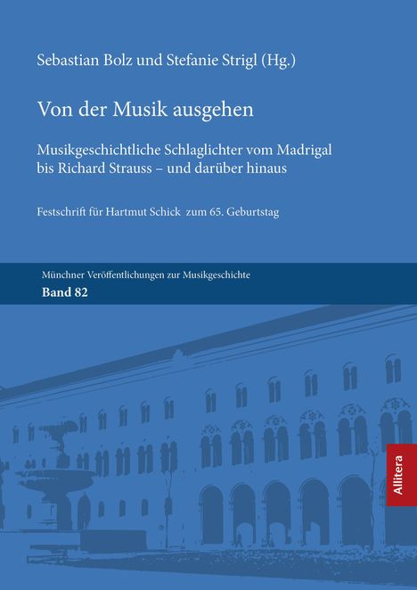 "Von der Musik ausgehen" von Sebastian Bolz und Stefanie Strigl, hg., blaue Covergestaltung mit Gebäudeillustration.
