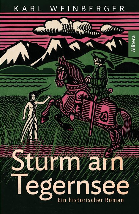 „Sturm am Tegernsee“ von Karl Weinberger. Ein Reiter auf einem Pferd neben einer Frau, Berge im Hintergrund.
