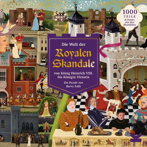 Logo zum Thema "Die Welt der Royalen Skandale". Historische Figuren und Szenen im mittelalterlichen Stil.
