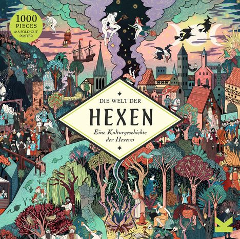 „Die Welt der Hexen: Eine Kulturgeschichte der Hexerei“. Bunte Illustration mit Hexen, Burgen und mystischen Figuren.