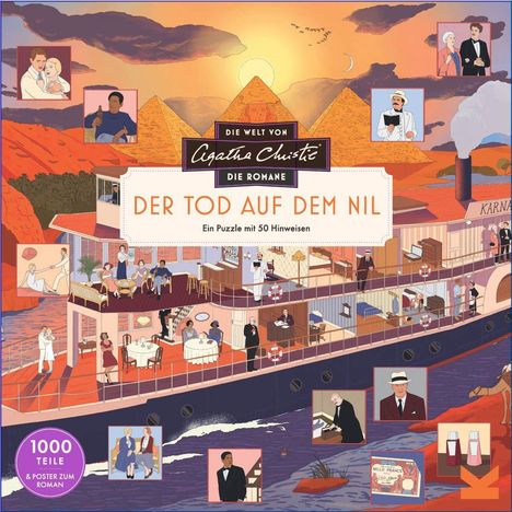 „DER TOD AUF DEM NIL“, ein Puzzle mit 1000 Teilen und 50 Hinweisen, zeigt eine Illustration eines Dampfschiffs und ägyptische Pyramiden.