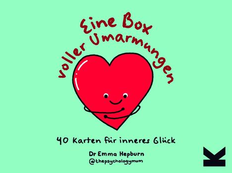 "Eine Box voller Umarmungen" in Rot, Text darunter: "40 Karten für inneres Glück". Illustration eines lächelnden Herzens.