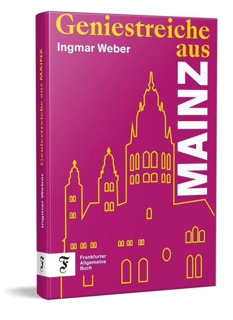 "Genie­streiche aus MAINZ" in gelber und weißer Schrift, Architektur­skizze in gelb auf violettem Hintergrund.