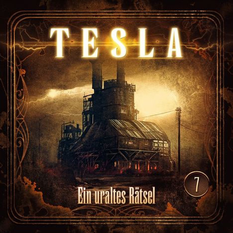 Oben "TESLA", unten "Ein uraltes Rätsel". Ein düsteres Gebäude mit Blitzen und altertümlichen Verzierungen.