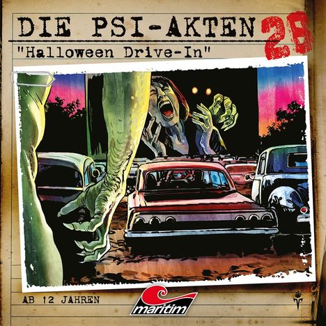 "Die PSI-Akten 28: 'Halloween Drive-In', ab 12 Jahren. Illustration mit Monstern und verängstigter Frau vor Autos."