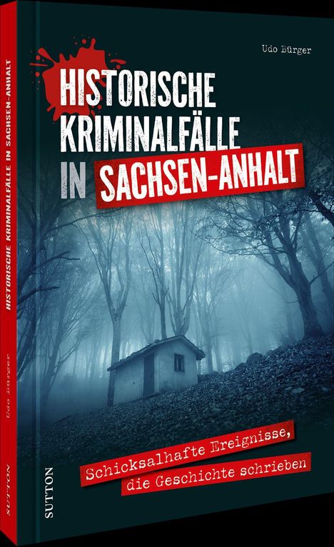 Titel: „Historische Kriminalfälle in Sachsen-Anhalt“. Ein kleines Haus in einem nebligen, düsteren Wald.
