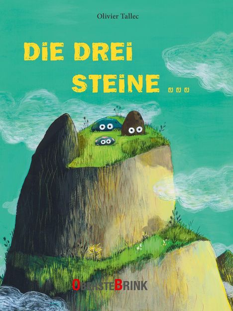 „Die drei Steine“ in gelben Buchstaben. Illustration: Drei Steine mit Augen auf einem grasbewachsenen Hügel.
