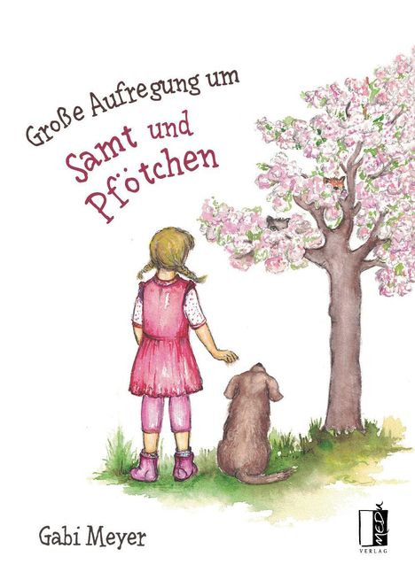 „Große Aufregung um Samt und Pfötchen“ in verspielt geschwungener Schrift, Mädchen und Hund vor blühendem Baum.