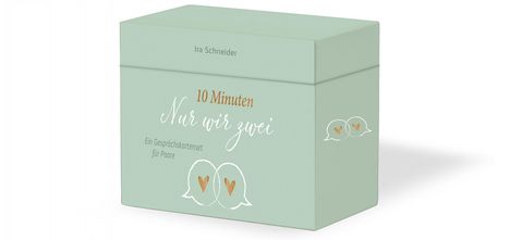 Grüne Box mit dem Text: "10 Minuten Nur wir zwei - Ein Gesprächskartenset für Paare". Zwei Sprechblasen mit Herzen.