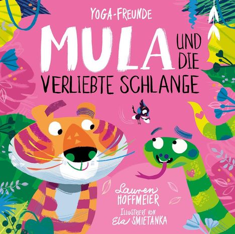 "Yoga-Freunde: Mula und die verliebte Schlange." 
Lebendige Illustration eines Tigers und einer Schlange.