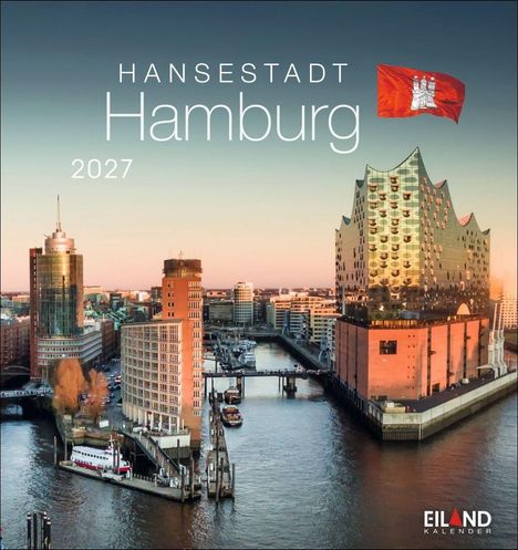 HANSESTADT Hamburg 2027. Ein rotes Flaggenlogo. Stadtansicht mit Fluss und moderner Architektur bei Sonnenuntergang.