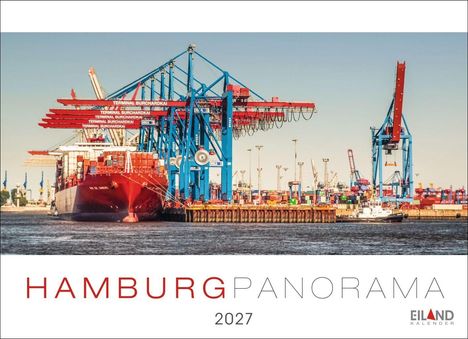 "Hamburg Panorama 2027". Ein großer roter Frachter im Hafen, umgeben von Containern und blauen Kränen.