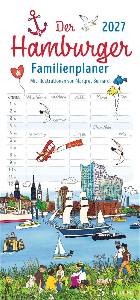 Kalender mit dem Titel: "Der Hamburger Familienplaner 2027". Maritime Illustrationen von Hamburg.