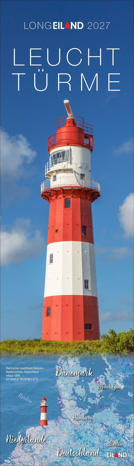 LONGEILAND 2027. LEUCHTTÜRME. Elektrischer Leuchtturm Borkum, Niedersachsen, Deutschland. Erbaut 1890. Karte von Nordeuropa.