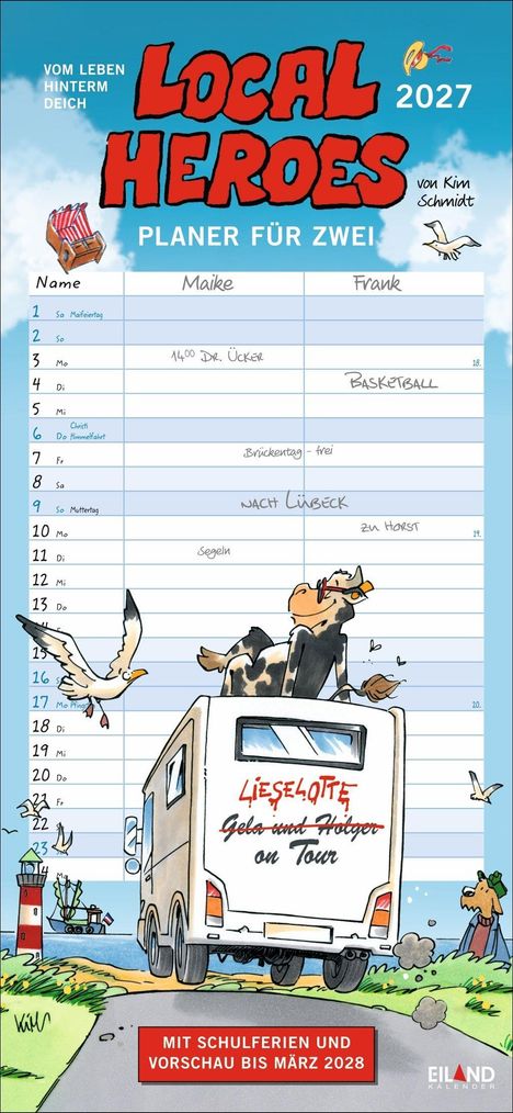 "Local Heroes", "Planer für zwei", Namen: Maike, Frank. Karikatur: Kuh auf Wohnmobil, Möwen, Küste, Leuchtturm im Hintergrund.