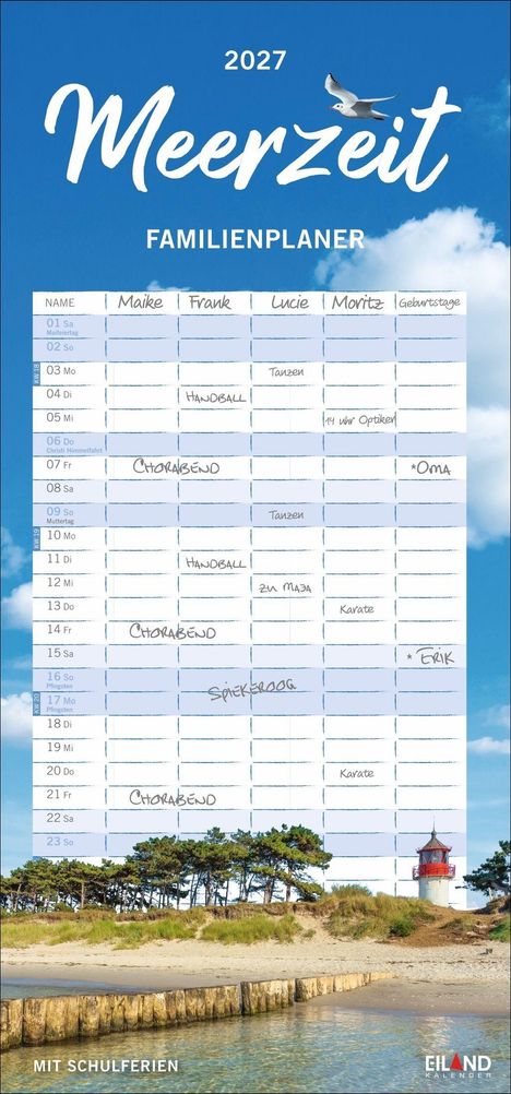 Text: "2027 Meerzeit FAMILIENPLANER", Namen: "Maike, Frank, Lucie, Moritz". Unten Dünenlandschaft, ein Leuchtturm.