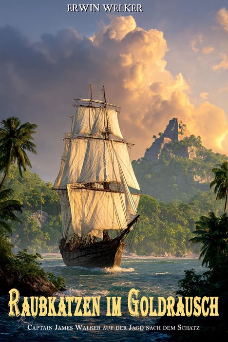 "RAUBKATZEN IM GOLDRUSH" und "Captain James Walker auf der Jagd nach dem Schatz." Segelschiff vor tropischer Insel.