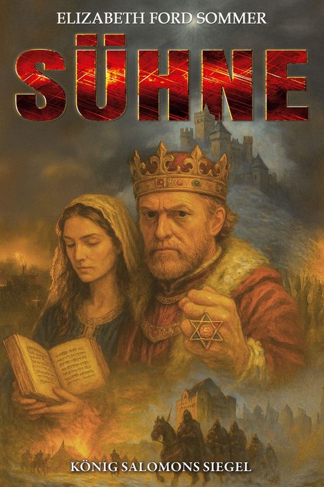 Text oben: "ELIZABETH FORD SOMMER". Großes Wort: "SÜHNE". Unten: "KÖNIG SALOMONS SIEGEL". Illustration eines Königs und einer Frau.