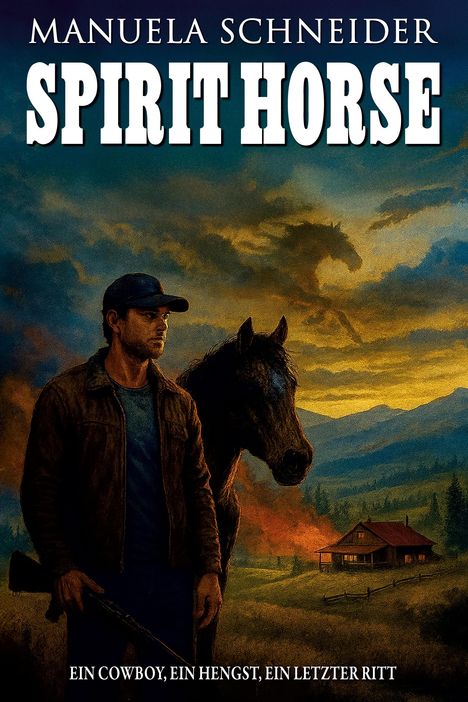 "Manuela Schneider - Spirit Horse. Ein Cowboy, ein Hengst, ein letzter Ritt." Cowboy neben Pferd, Abendhimmel, Waldhütte.