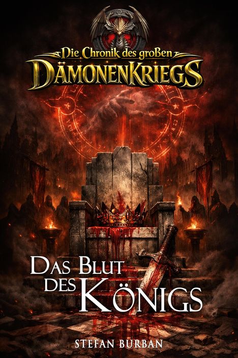 "Die Chronik des großen Dämonenkriegs", "Das Blut des Königs", Stefan Burban. Thron mit Krone und Schwert, düstere Atmosphäre.
