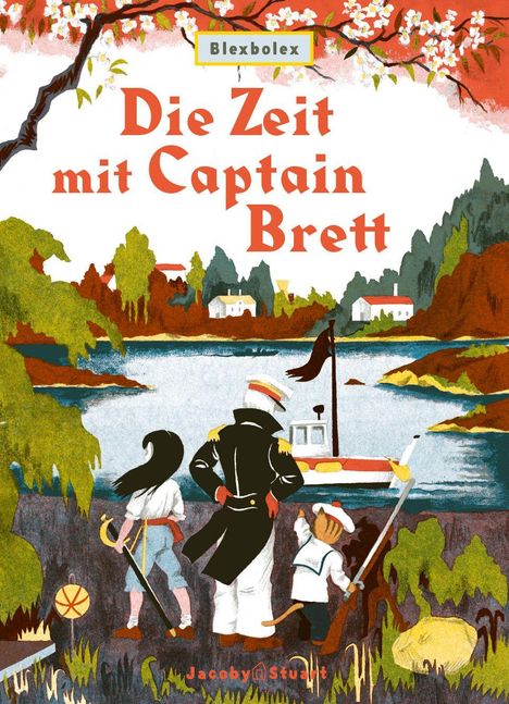 "Die Zeit mit Captain Brett" steht in roter Schrift. Illustration zeigt drei Personen am Ufer, ein Boot und eine idyllische Landschaft.