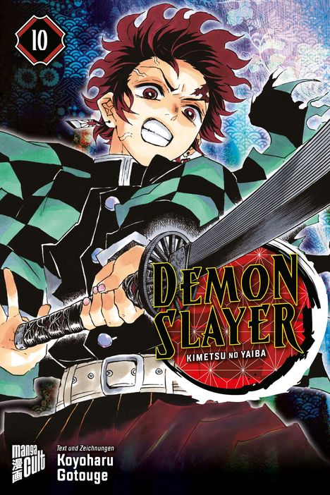 "Demon Slayer: Kimetsu no Yaiba 10", Illustration eines kämpferischen Charakters mit wütendem Gesichtsausdruck und Schwert.