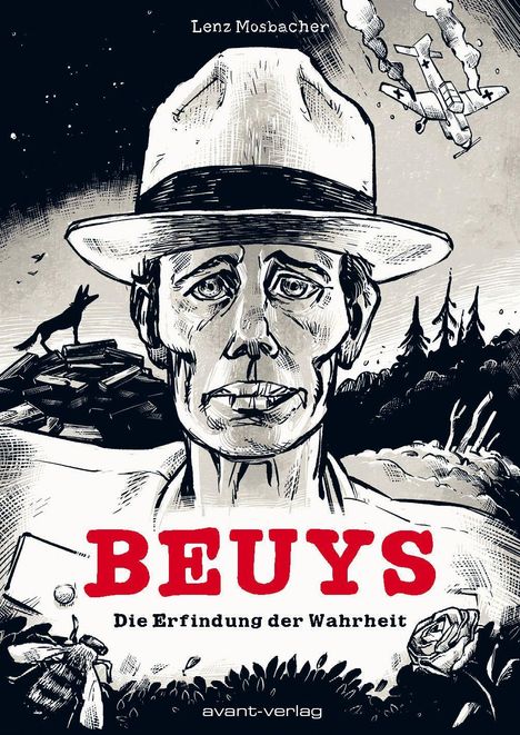 "BEUYS. Die Erfindung der Wahrheit", Lenz Mosbacher. Illustration: Mann mit Hut, Flugzeug am Himmel, Wolf auf Trümmerhaufen.