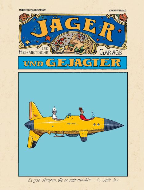 "Jäger und Gejagter. Es gab Strafen, die er sehr mochte... (s. Seite 36)." Illustration eines gelben Flugzeugs.