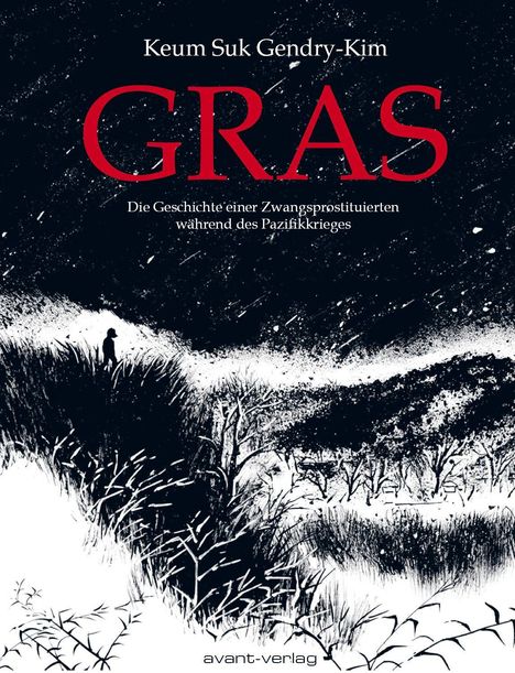 Ein Titel in Rot "GRAS", darunter der Text über Zwangsprostitution. Illustration: Person in einer schneebedeckten Landschaft.