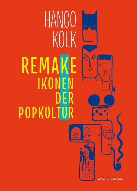„Hanco Kolk: Remake Ikonen der Popkultur“. Illustration diverser Popkultur-Symbolen in Blau auf rotem Hintergrund.