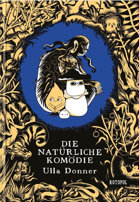 „DIE NATÜRLICHE KOMÖDIE“ von Ulla Donner. Illustration: Figuren umgeben von pflanzenartigen Mustern, kontrastreiche Farben.