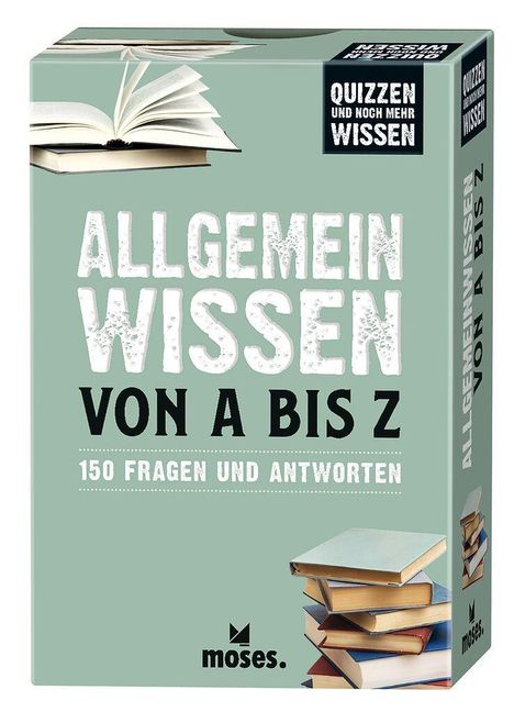 Karton für ein Quizspiel. Titel: "Allgemeinwissen von A bis Z". Inklusive 150 Fragen. Abgebildet sind Bücherstapel und ein Logo.