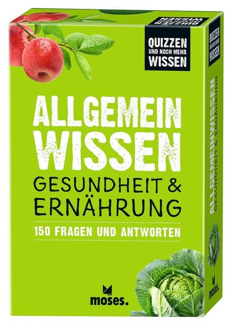 "ALLGEMEINWISSEN GESUNDHEIT & ERNÄHRUNG 150 FRAGEN UND ANTWORTEN" auf einer grünen Schachtel mit Obst und Gemüse.