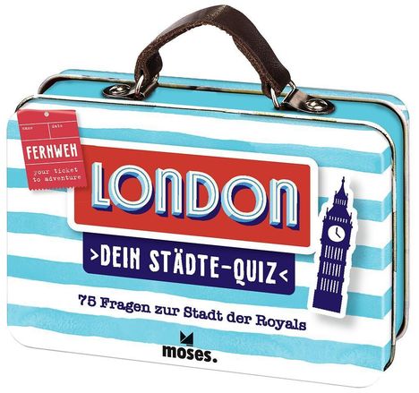 London Quiz-Spiel. Text: "Fernweh", "Dein Städte-Quiz", "75 Fragen zur Stadt der Royals". Retro-Stil Koffer.