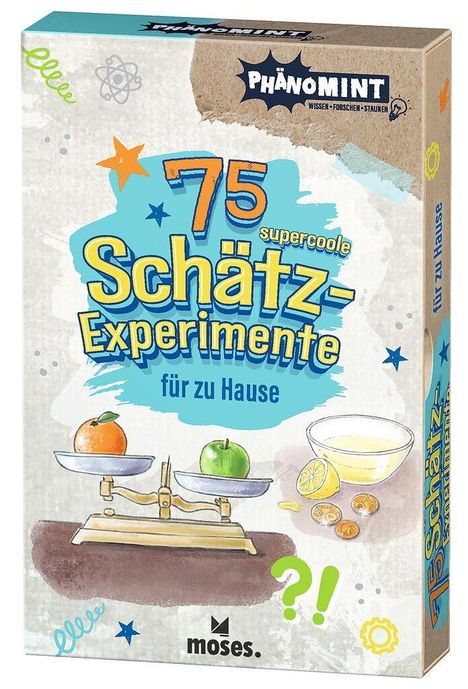 "75 supercoole Schätz-Experimente für zu Hause". Illustration mit Waage, Orange, Apfel, Zitronen und Münzen.
