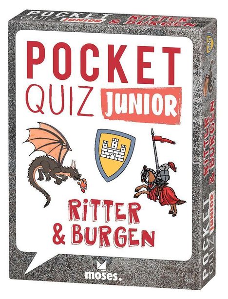 „POCKET QUIZ JUNIOR RITTER & BURGEN“; ein Drache, Wappen und Ritter illustriert.