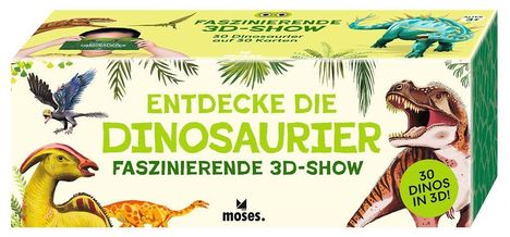 "ENTDECKE DIE DINOSAURIER - FASZINIERENDE 3D-SHOW", zeigt bunte Dinosaurier-Illustrationen und eine Brille.