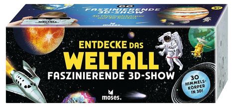 Text: "ENTDECKE DAS WELTALL FASZINIERENDE 3D-SHOW, 30 Himmelskörper in 3D!" Illustration mit Astronaut, Rakete, Planeten.